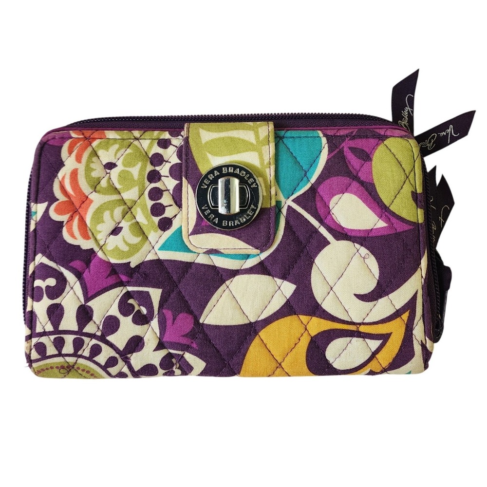 Vera Bradley Plum Crazy Turnlock Wallet Quilted Floral Purple Paisley Organizer
